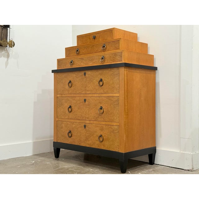Vintage Biedermeier Style Chest by Baker - Burl Ash + Maple - High Boy Dresser For Sale - Image 10 of 11