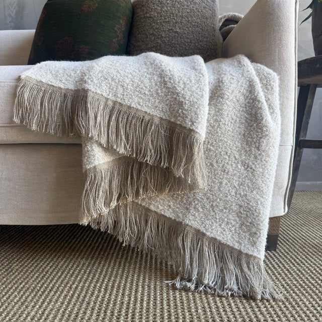 Mid-Century Modern Cream Belgian Linen and Wool Throw For Sale - Image 3 of 7