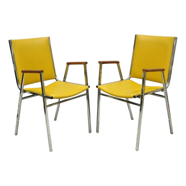Vintage Nightingale Mid Century Modern Chrome & Yellow Vinyl Stacking Chair Pair For Sale