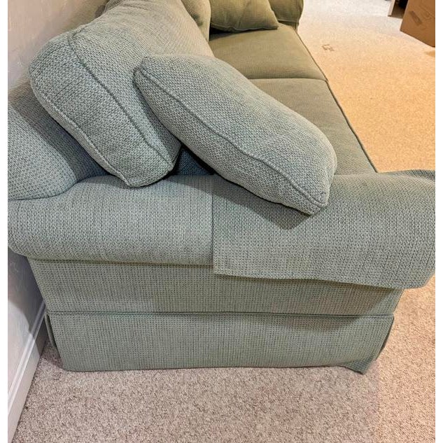 Shabby Chic Ethan Allen Classic Rolled Arm Skirted Sofa in Aqua Texturized Woven Fabric For Sale - Image 3 of 12