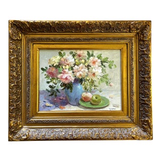 Late 20th Century Impressionist Floral Still Life Painting of Peonies and Apples For Sale