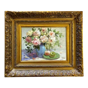 Late 20th Century Impressionist Floral Still Life Painting of Peonies and Apples