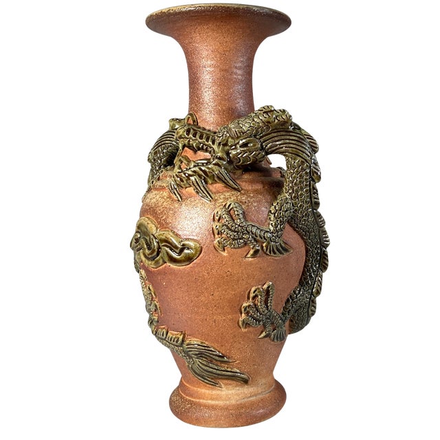 11+ In. Tall Vintage Japanese Tokoname-Yaki Style Pottery Vase Dark Green Glaze Dragon For Sale - Image 12 of 16