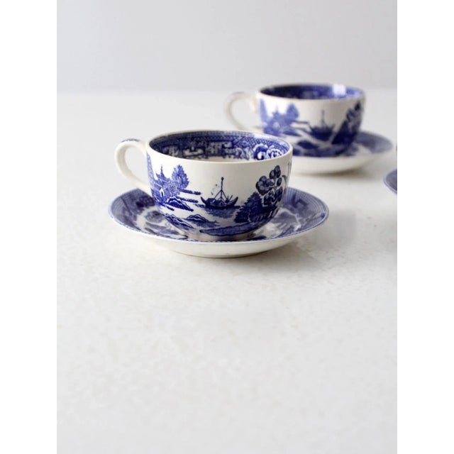 Vintage Blue Willow Tea Cups & Saucers - Service for 3 For Sale - Image 4 of 12