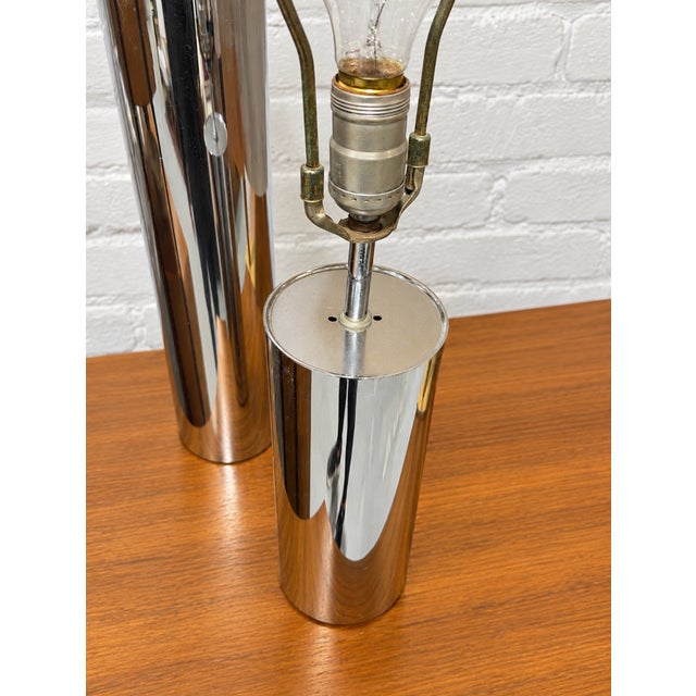Metal Mid Century Modern Vintage Chrome Cylinder Table Lamps, Set of 2, C. 1970's For Sale - Image 7 of 12