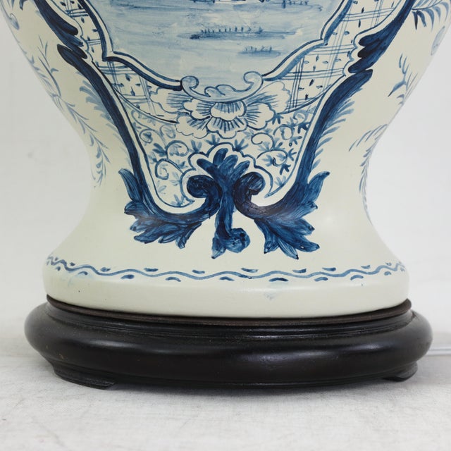 Pair of Vintage Hand Painted Blue and Cream Ceramic Ginger Jar Table Lamps With Deer and Floral Folk Art Design For Sale - Image 10 of 15