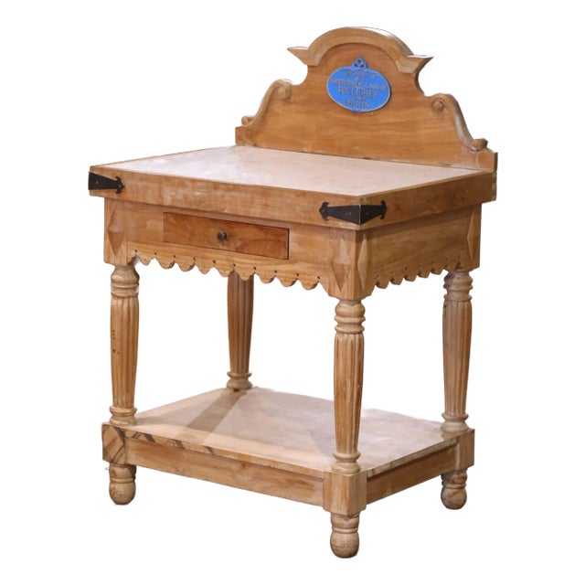 Mid-Century French Beech Butcher’s Block With Marble Top and Agricultural Plaque For Sale