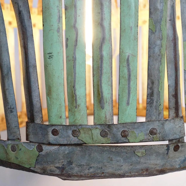 Vintage Industrial Green Iron Basket Cage Pendant Light For Sale In Los Angeles - Image 6 of 8