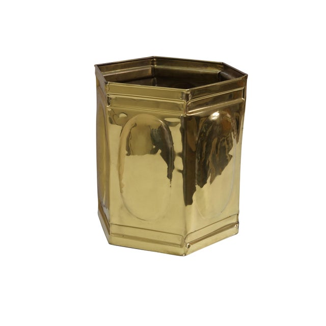 Vintage brass hexagonal planter / trash can / waste bin / cachepot with recessed oval panels on each side. Dimensions:...