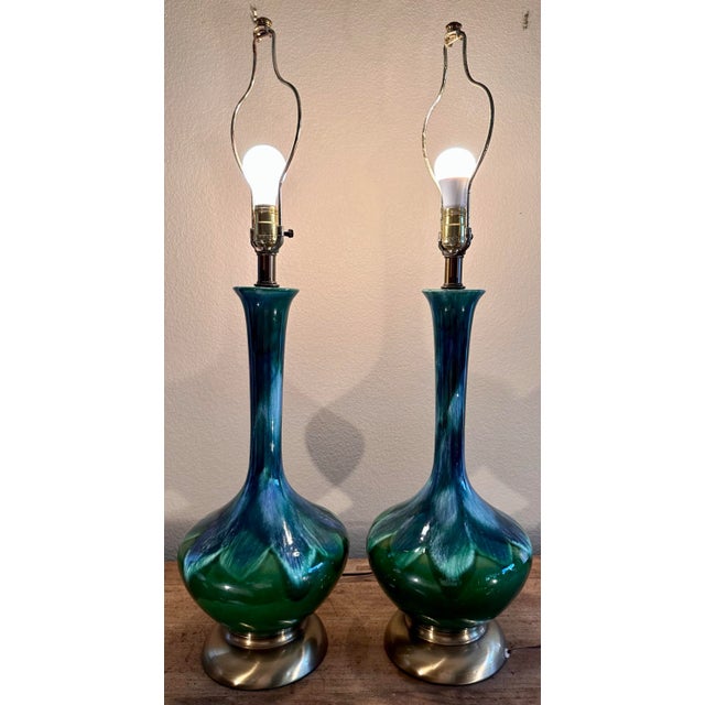 Vintage 1960s Ceramic Drip Glazed Green Blue Brass Table Lamps - a Pair For Sale In San Diego - Image 6 of 12