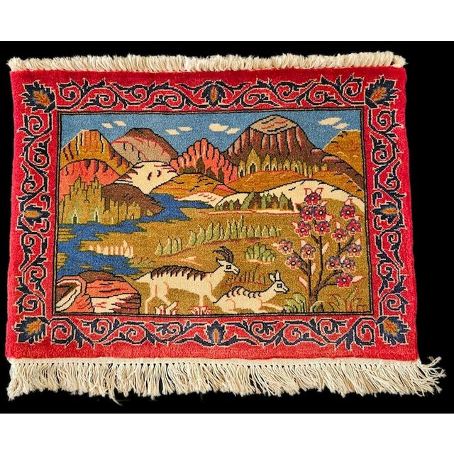 Hand-Knotted Figurative Mountain Landscape with Gazelles Rug, 1980s For Sale - Image 10 of 10