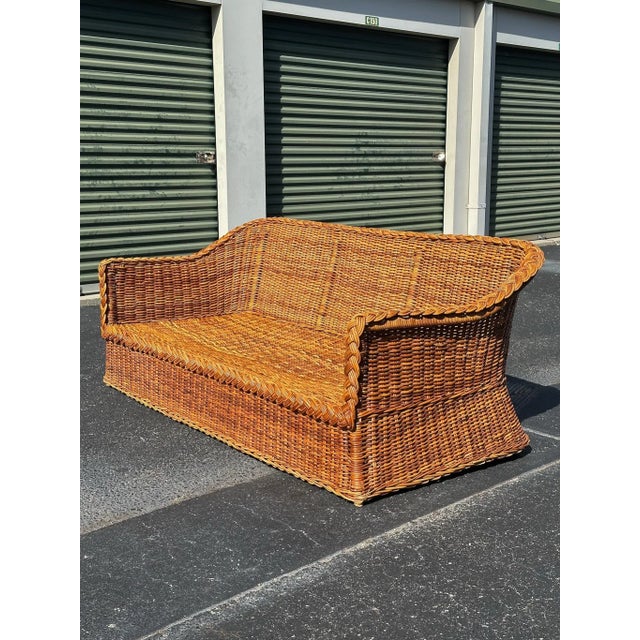 Coastal Vintage Rattan Sofa With Braided Wicker Trim For Sale - Image 10 of 18