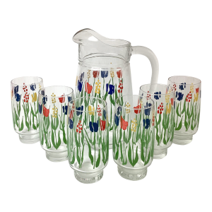 Vintage Luminarc Pitcher With 6 Glasses Flowers & Grass