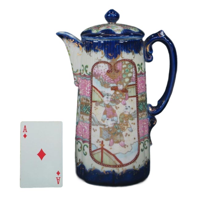 Chocolate Pot Antique Japanese Satsuma Figurine Oriental Pitcher Hand Painted For Sale