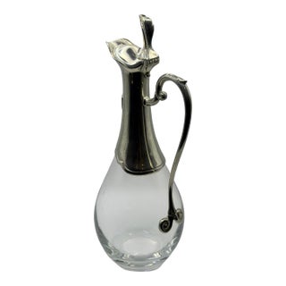 Vintage Pewter & Glass Claret Decanter With Sculptural Handle For Sale