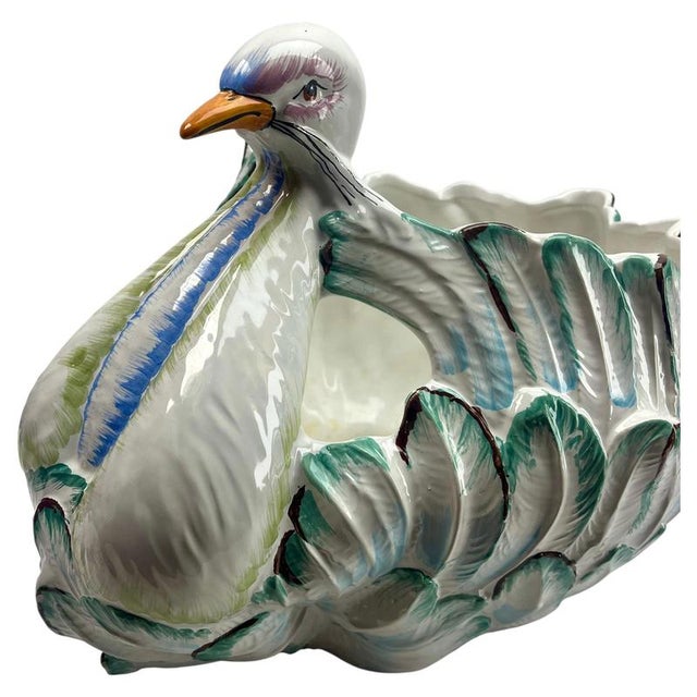 Large Hand-Painted Majolica Swan Jardinière, Italy, 1930s For Sale - Image 4 of 10