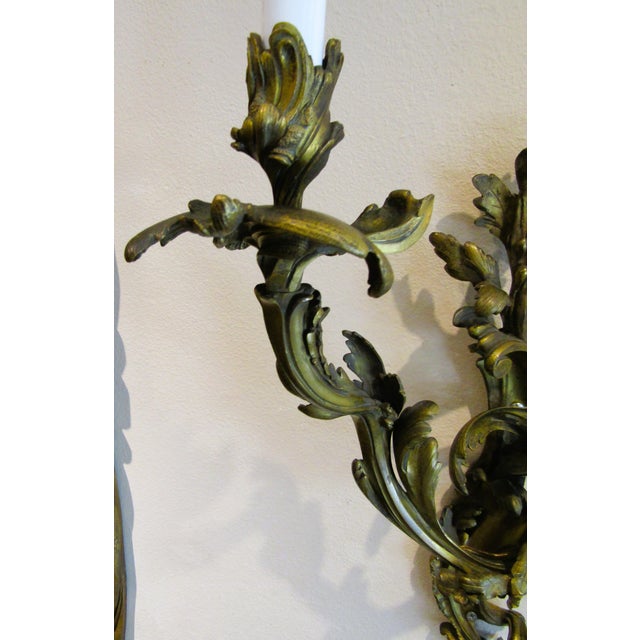 Antique Pair French 19th Century Louis XV Gilt Bronze Two Light Wall Sconces For Sale - Image 9 of 18