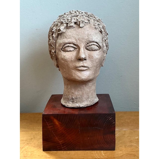 Wood Vintage Plaster Head Sculpture on Wood Base For Sale - Image 7 of 12