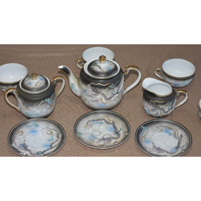 1950s Vintage Japanese Satsuma Moriage Dragonware Raised Blue Eye Dragon 17 Piece Tea Set For Sale - Image 5 of 12