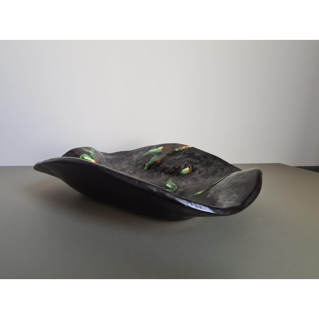 French Studio Pottery Bowl Freeform Lava Glaze Black Green Ceramic Dish Mid-Century French Vintage Art Pottery Accent Piece, 1950 For Sale - Image 3 of 10
