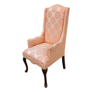 Slender Queen Anne Wing Chair in Peach Silk Damask With Chinoiserie Medallions For Sale