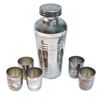 Art Deco Silver Cocktail Shaker & Cups - Set of 6 For Sale