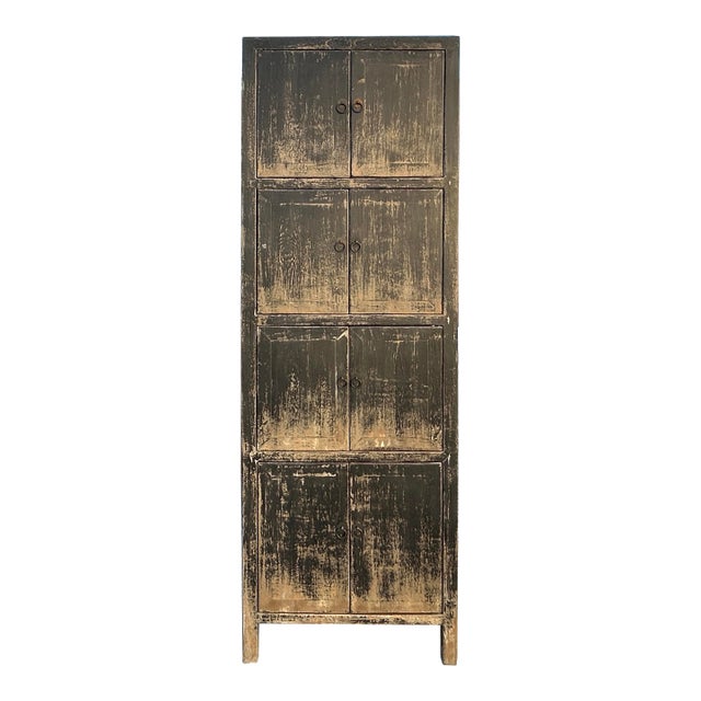Distressed Black Tan Marks Tall Slim 4 Shelves Closed Doors Storage Cabinet For Sale