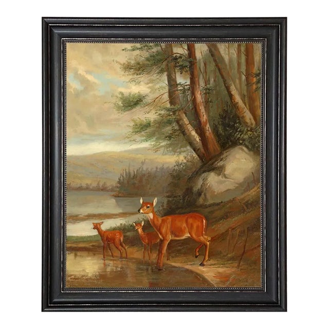 "Doe With Two Fawns" Contemporary Reproduction Print on Canvas, Framed 28-3/4" X 34-3/4" For Sale