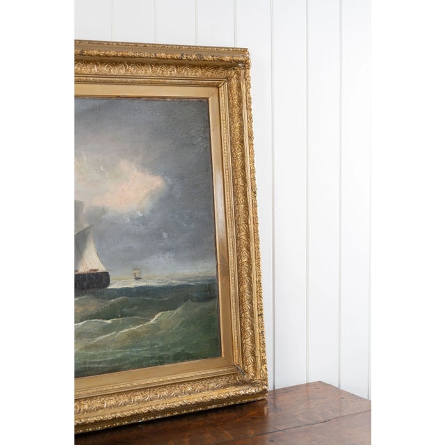 Nautical Large 19th Century Signed Original Oil of Early Steamship in Original Carved Frame For Sale - Image 3 of 18