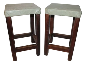 Pair of Early 20th Century Barstools With Sage Green Leather Seats
