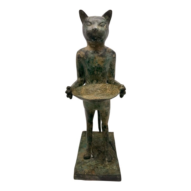 Art Deco Egyptian Revival Standing Cat or Bast With Bowl Guarding the