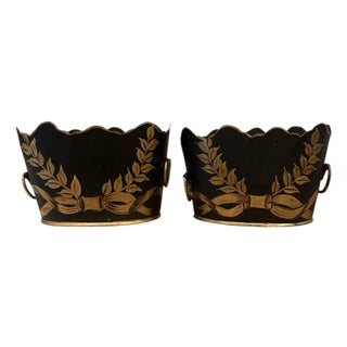 Vintage Petite Black & Giit / Gold Tole Monteith Style Cachepot / Cache Pot / Planters With Hand Painted Bow Details, a Pair For Sale