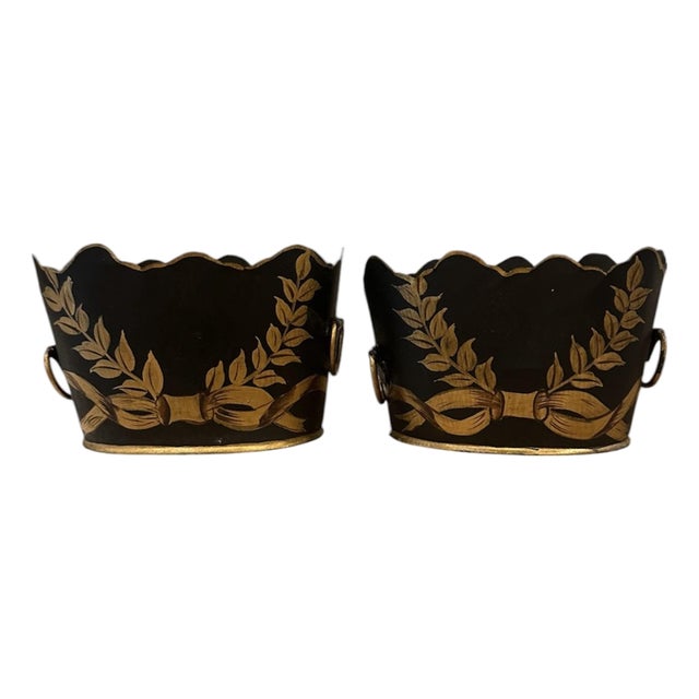 Vintage Petite Black & Giit / Gold Tole Monteith Style Cachepot / Cache Pot / Planters With Hand Painted Bow Details, a Pair For Sale