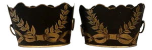 Vintage Petite Black & Giit / Gold Tole Monteith Style Cachepot / Cache Pot / Planters With Hand Painted Bow Details, a Pair