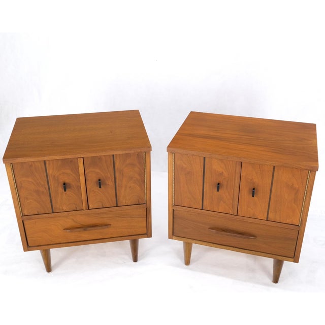 Brown Light Walnut Double Door Compartment One Drawer Cone Tapered Legs End Tables For Sale - Image 8 of 18