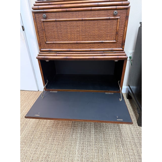 1970s British Colonial Style Woven Rattan and Faux Bamboo Cabinet That Converts to a Secretary, C 1970's For Sale - Image 5 of 11