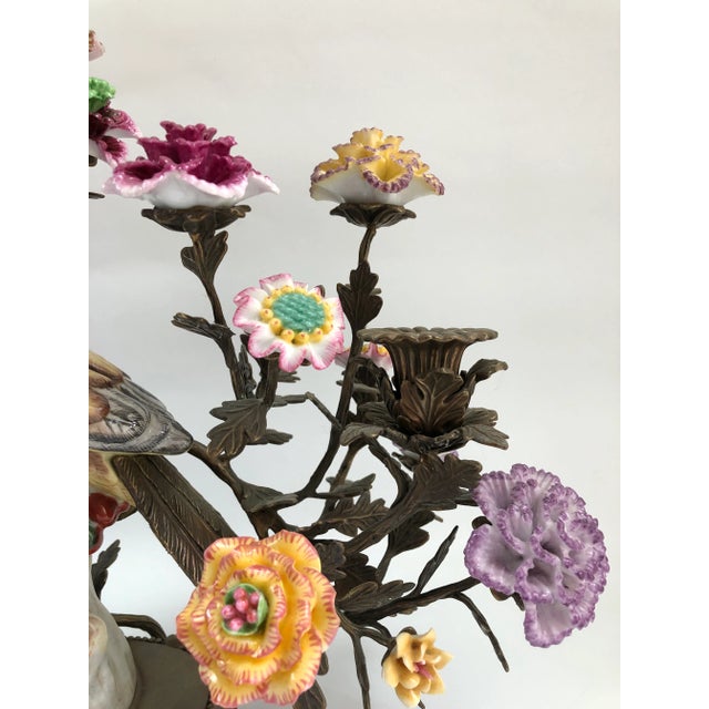 1970s Chinoiserie Regency Exotic Opposing Heron Birds Porcelain and Bronze Candlelabras - A Pair For Sale - Image 5 of 13