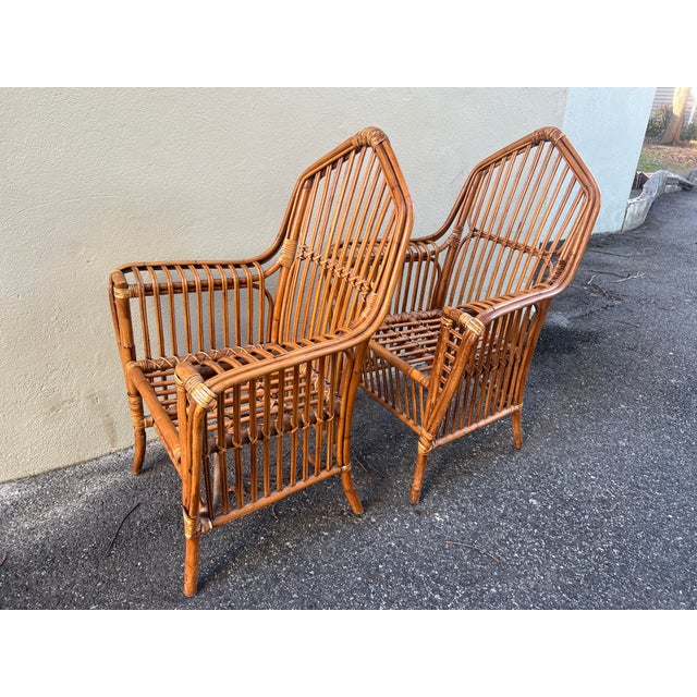 Mid 20th Century Pair Cathedral Split Reed Rattan Arm Chairs For Sale - Image 9 of 12