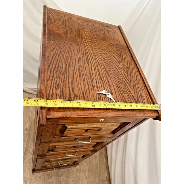 Vintage Tiger Oak File Cabinet Four Locking Drawers, Paneled Sides Legal Size For Sale - Image 10 of 12