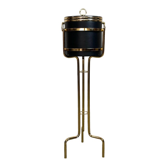 1970’s Hollywood Regency Brass Champagne Ice Bucket Stand With Bucket For Sale