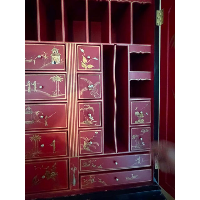 Hand-Painted Vintage Chinoiserie Village Scene Secretary Desk & Bookcase For Sale - Image 14 of 17