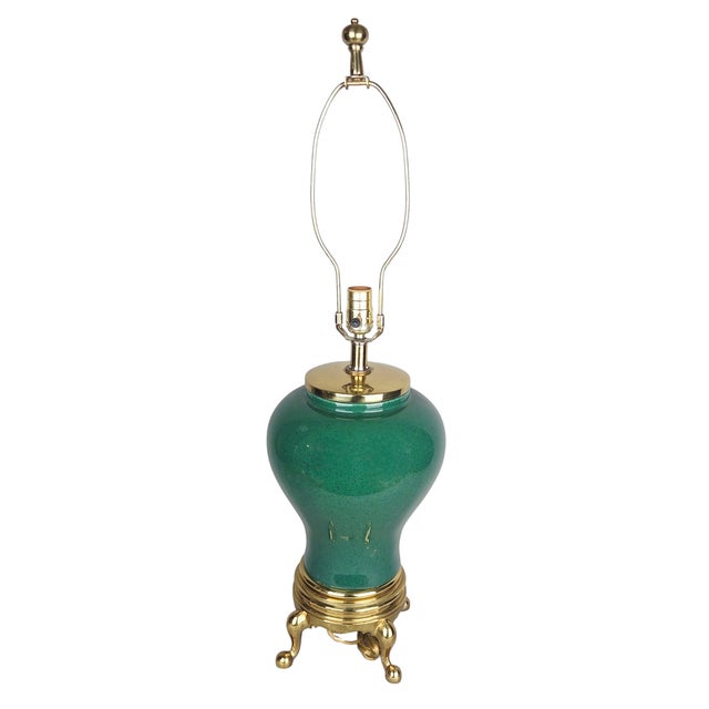 1980s Style Hollywood Regency Emerald Green Ceramic Table Lamp on Brass Ball-and-Claw Base For Sale In Chicago - Image 6 of 18