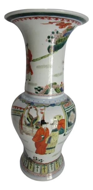Korean Mid Century Mabeyong Vase in white, greens, red, orange and black