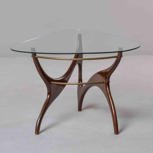 Italian Mid-Century Sculptural Walnut and Brass Cocktail Table With Triangular Glass Top For Sale - Image 11 of 11