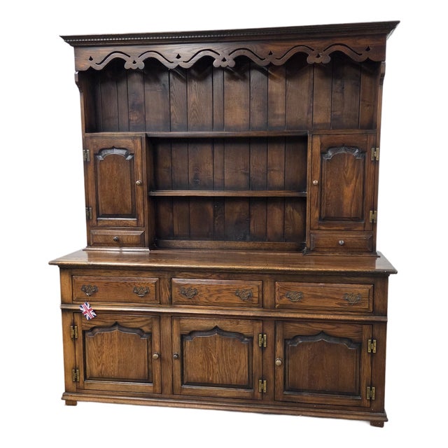 Mid 20th Century English Oak Paneled 5 Door & 3 Drawer Dresser and Rack With Shaped Frieze For Sale