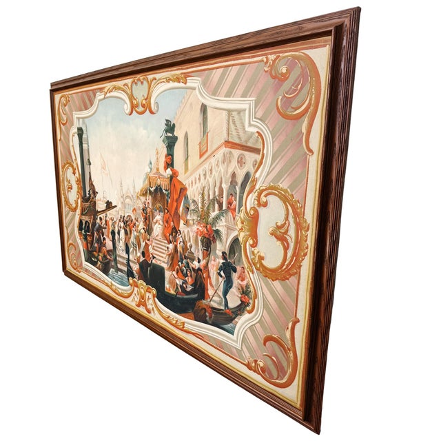 Late 20th Century Large Scale Framed Venetian Canal Scene Neoclassical Architectural Mural Style Painting on Board For Sale - Image 9 of 10