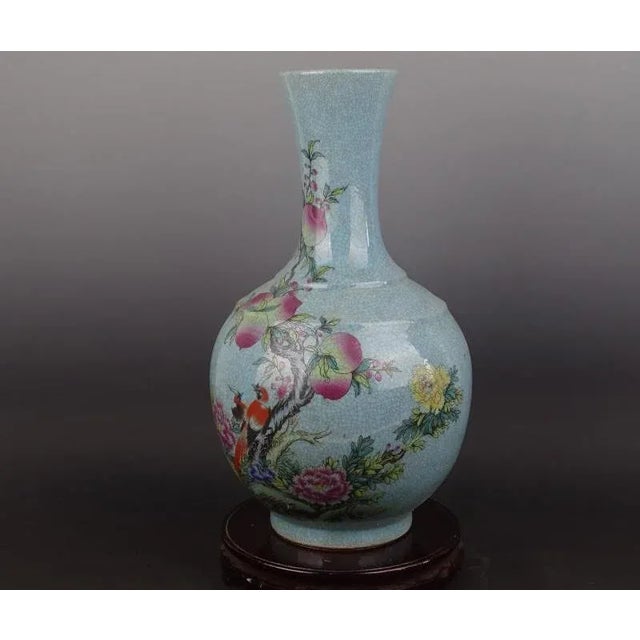 Chinese Chinese Vintage Porcelain Vase Qing Dynasty Qianlong Marked Crackle Glaze Famille Verte Porcelain Vase Hand Painted Longevity Peach Pattern For Sale - Image 3 of 8