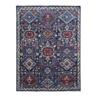 2010s Midnight Blue, Supple Collection With Karajeh Heriz Geometric Design, Thick and Plush Pure Wool Hand Knotted, Oriental Rug For Sale