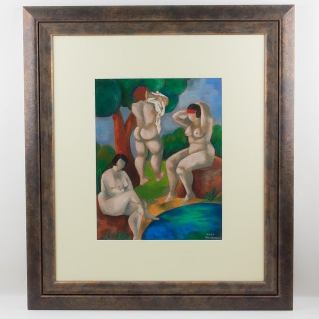 Nude Women Bathers Pastel Painting by Catherine Bres-Rhocanges, Late 20th Century For Sale - Image 11 of 14