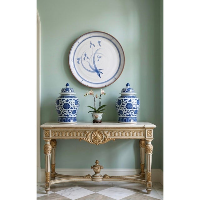 Vintage Spanish Hand-Painted Ceramic Serving Bowl With Floral Iris Motif For Sale - Image 9 of 9